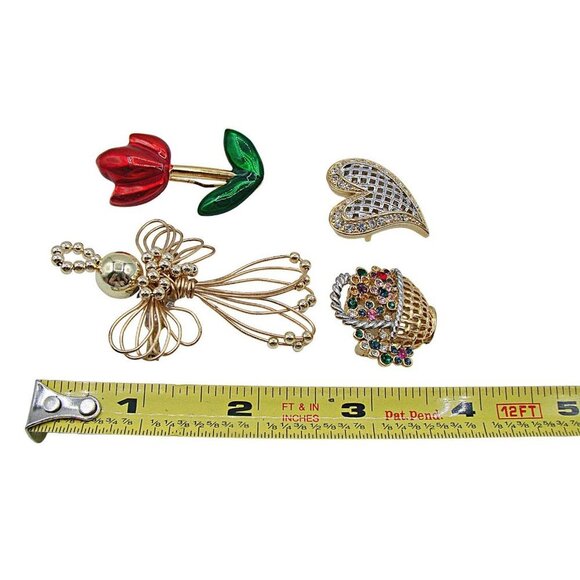 Lot 4 Vintage Brooches Angel Enamel Flower Rhinestone Basket and Heart Gold Tone - Picture 9 of 11